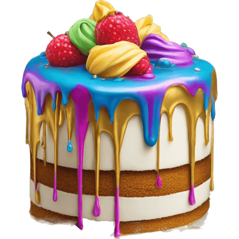 Realistic isolated colorful cake with metallic gold icing dripping from top and all down along the cake emoji