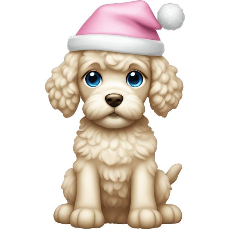 Cream cockapoo puppy whole body with pastel blue eyes, and with pink Christmas hat emoji