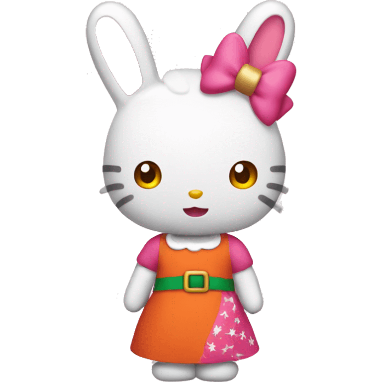 Hello kitty with a christmas dress pink and a small orange bunny emoji