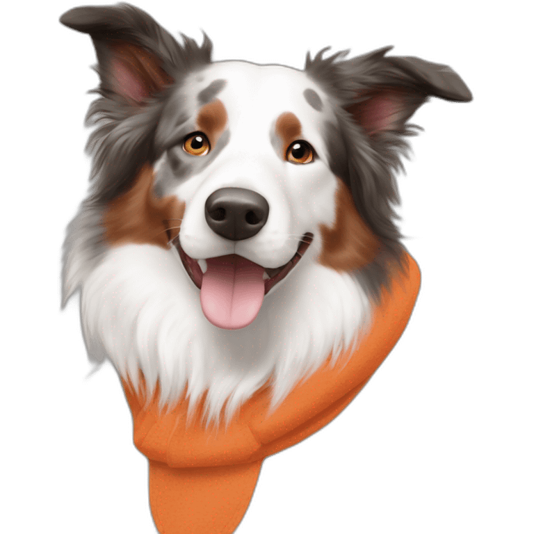 white speckled face red merle border collie in orange wheel chair emoji