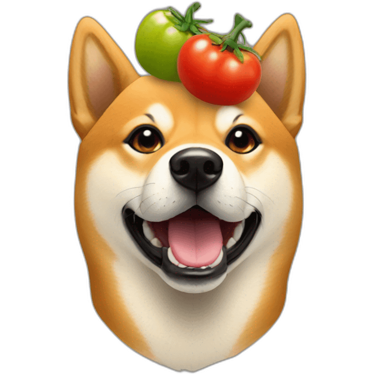 black and tan shiba with tomatoes on its head emoji