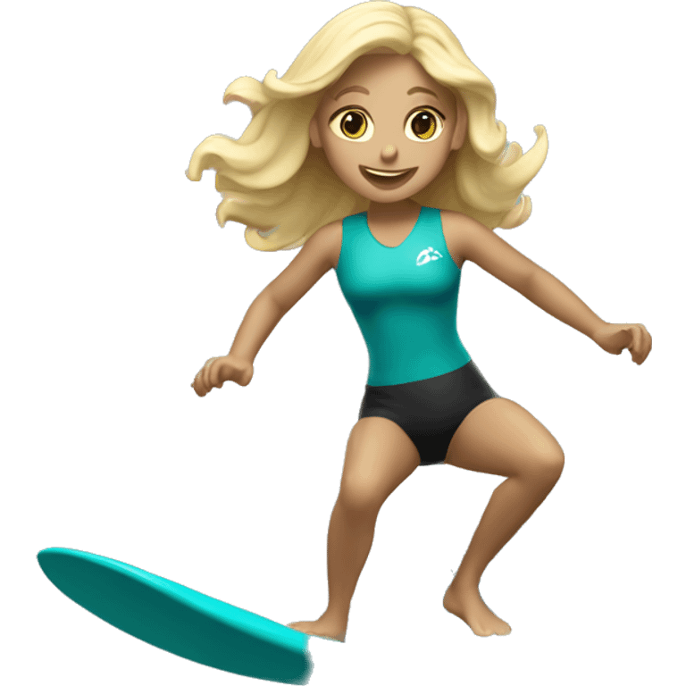 blonde girl surfing teal wave emoji