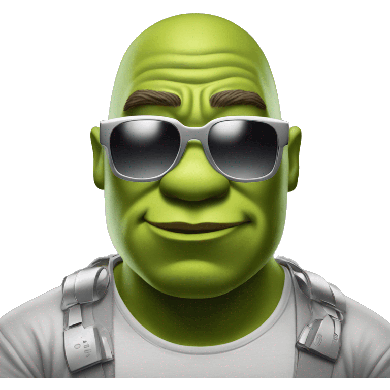 shrek very serious being a dj, wearing sunglasses with the lenses of the glasses all silver emoji