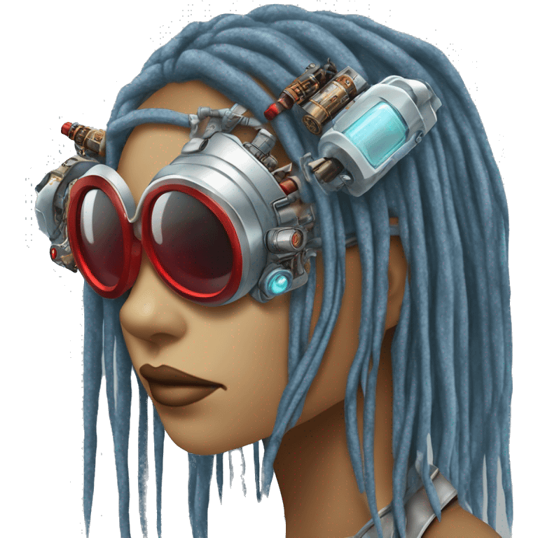 Light blue long dreadlocks female cyborg head with red steampunk goggles and circuits emoji