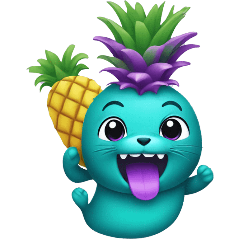 teal-colored seal holding a purple-colored pineapple emoji