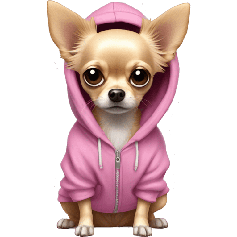   wirey fur long haired blonde chihuahua in a huge pink hoodie with ears back and sad eyes emoji