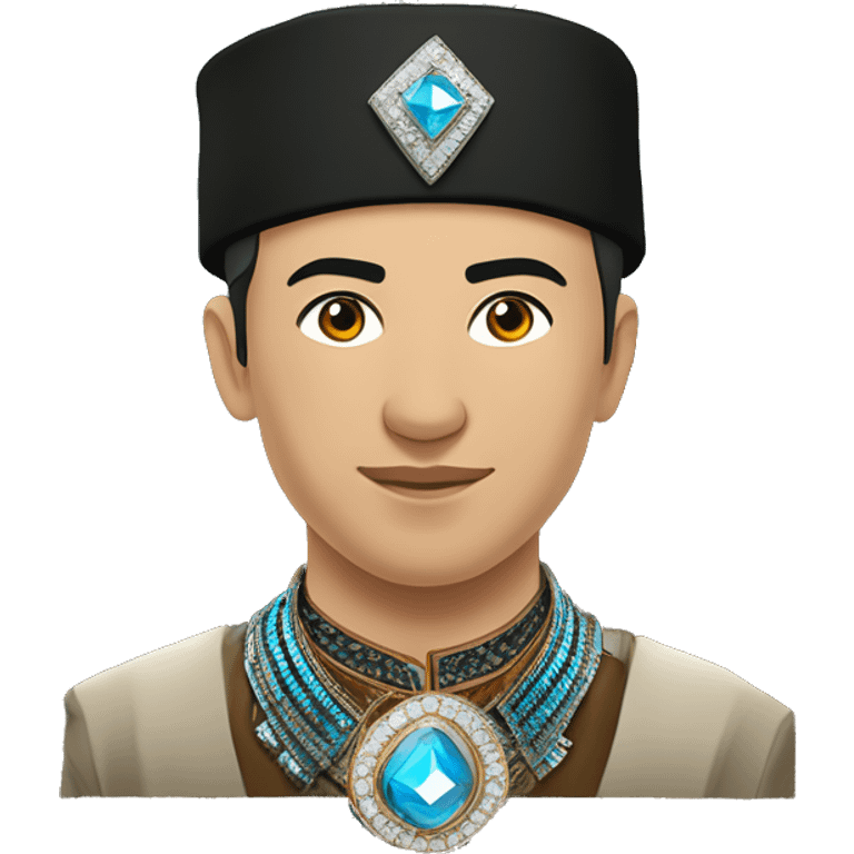 Male, Young man (around 30 years old). Almazik Ergi is dressed in a traditional Yakut national costume with modern elements. Around his neck, there is an amulet shaped like a diamond. emoji