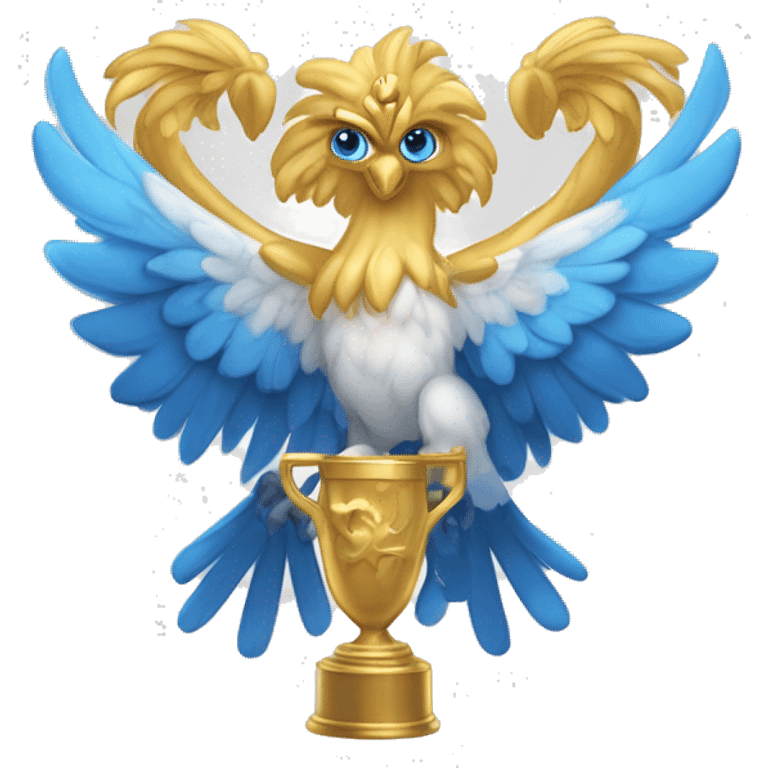 Un griffon blanc de la mythologie avec un bec bleu et des cheveux bleus et des yeux dorés qui porte un trophée  emoji