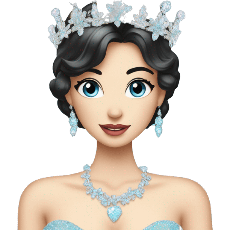 Gorgeous pastel Lady with black hair blue eyes in a sparkly shiny dress with tiara and necklace and flowers behind her and trending  emoji