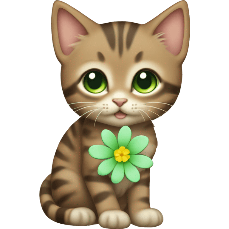 kawaii brown tabby kitten with green eyes and pastel green flower emoji