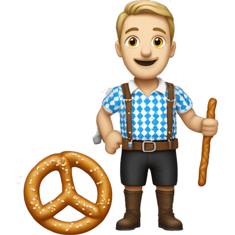 Create an emoji with a Bavarian Flag, blue and white colours, a "Lederhose" and a pretzel. emoji