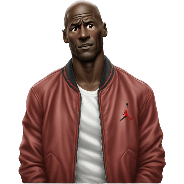 Michael Jordan in a jacket holds his head and is sad photorealistic serious emoji