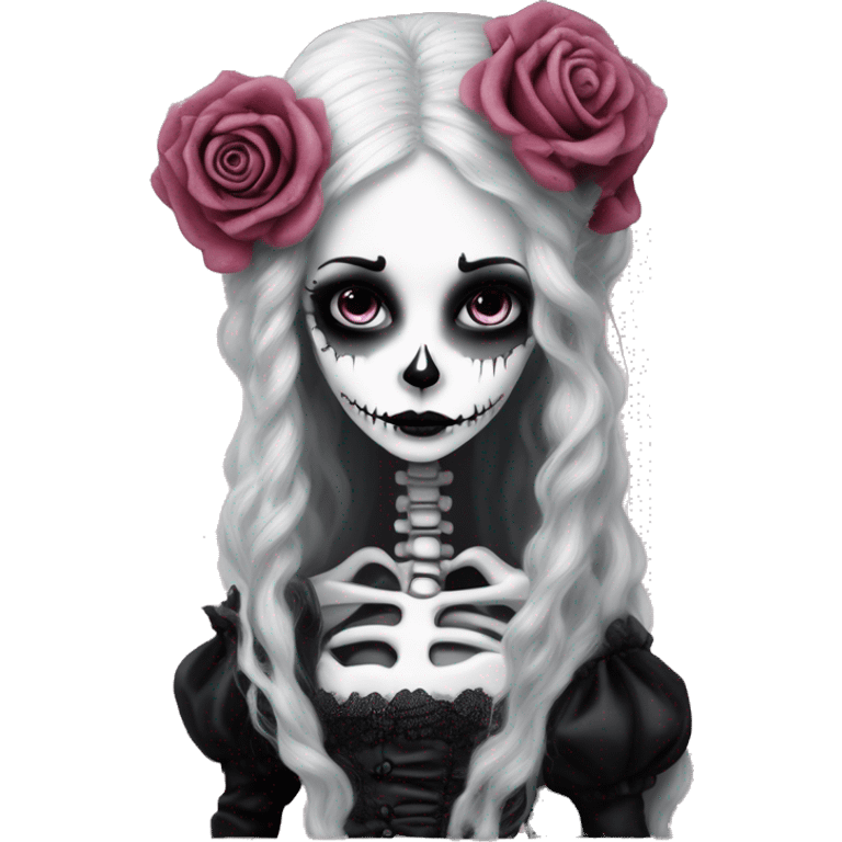 PINK LANDSCAPE PICTURE WITH FRAME: full body, hyper realism, full height skeleton, tim burton "corpse bride", thin porcelain doll with a cracked face, goth makeup, long hair, lace and ruffles, lolita style, inked, black and white, red roses emoji