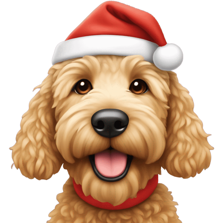 Golden doodle wearing a Santa hat emoji