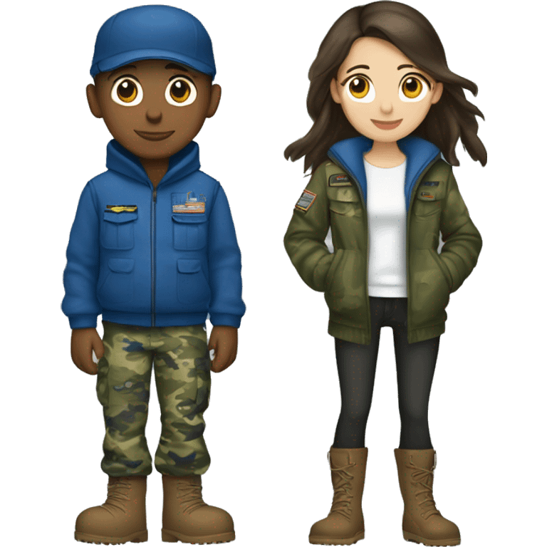 A boy wearing military uniform blue camouflage with his girlfriend that is brunette and wears a hoodie and uggs emoji