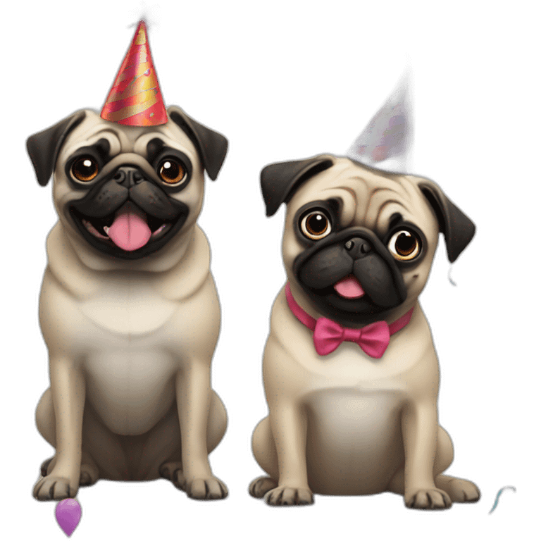 pug and black pug wearing birthday hat emoji