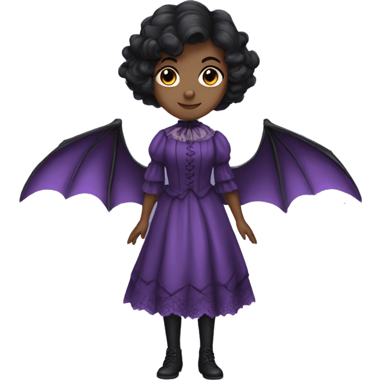 black short haired girl with a purple victorian dress that has bat wings emoji