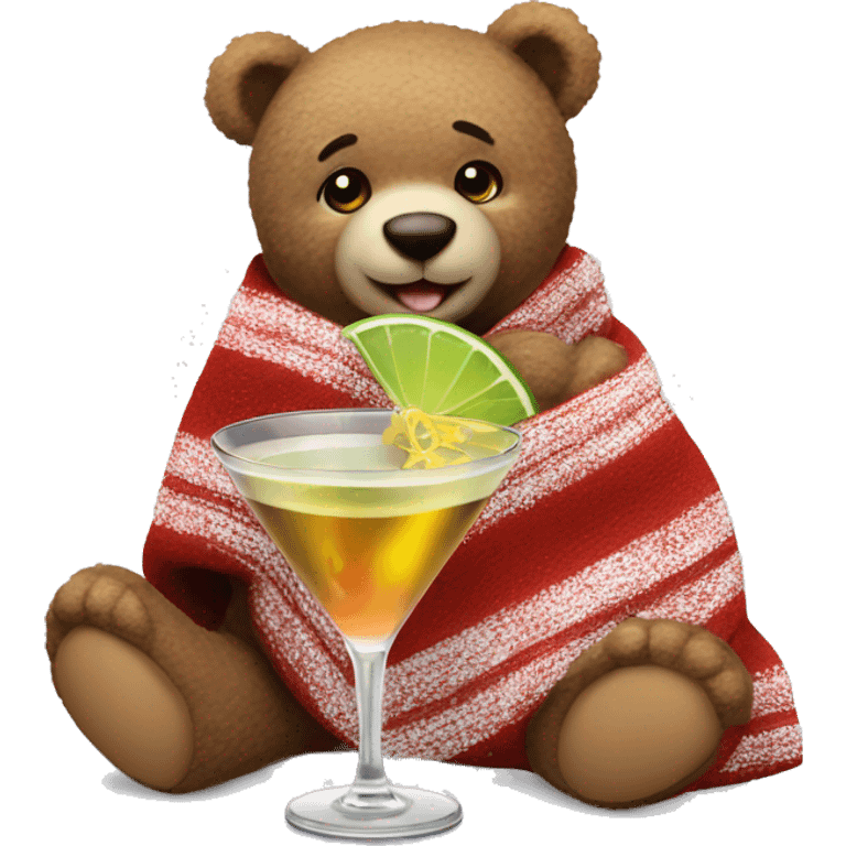 a Christmas teddy happy bear wrapped in a blanket drinks martini  emoji