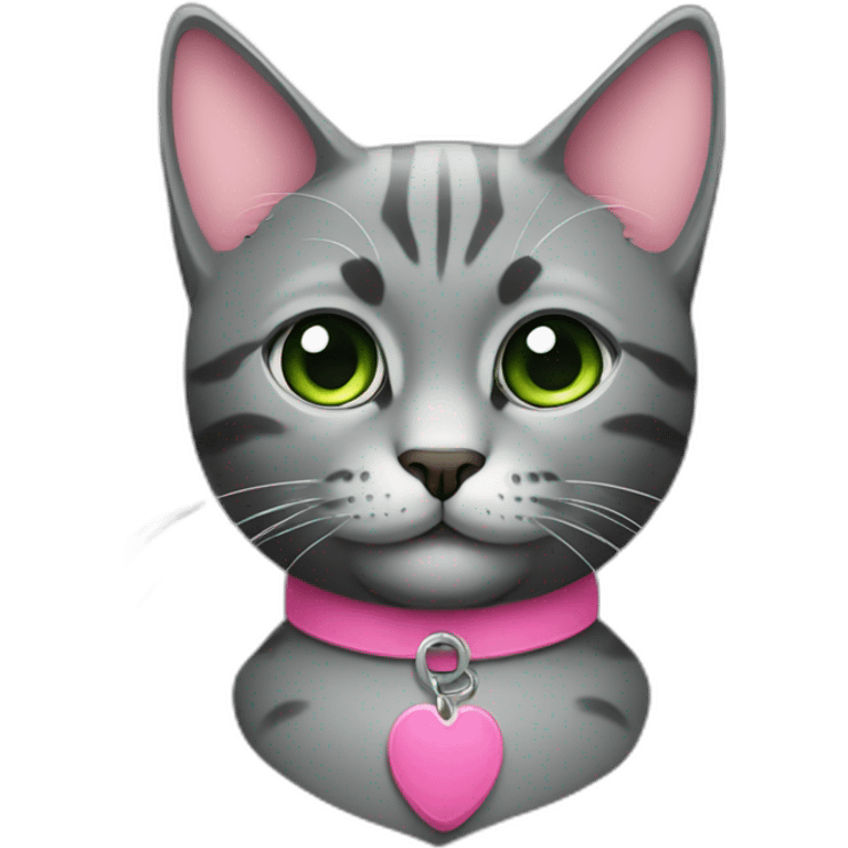 gato gris oscuro con collar rosa y ojos verdes emoji