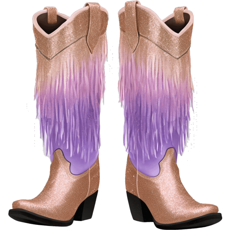 Realistic rose gold and lavender ombre pair of fashion cowgirl boots with sparkly shiny glitter fringe on them. emoji