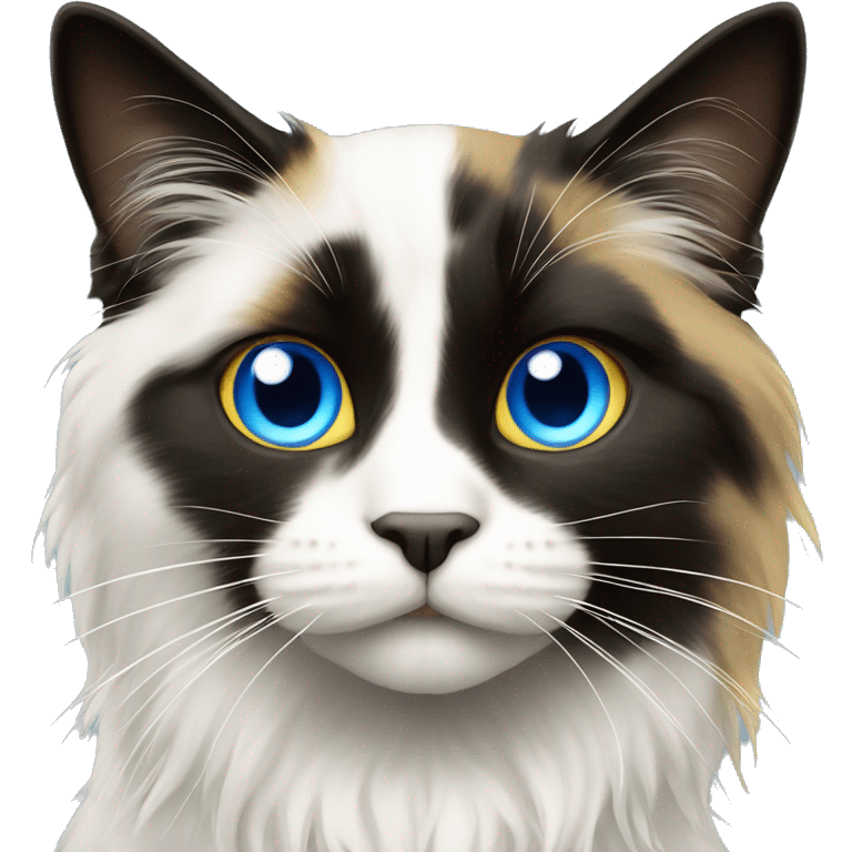 Black and white long haired cat with right eye blue and left eye yellow-brown emoji