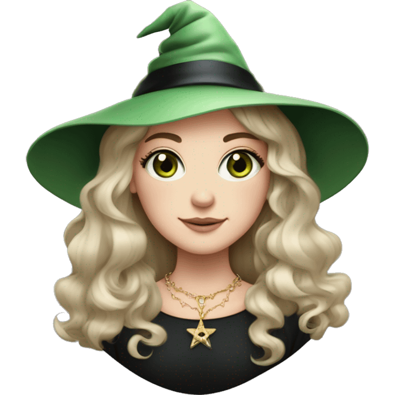 Witchy brunette haired green eyed lightly freckled white girl with a witty smile a gold necklace and a black witch hat with a baby pink bow emoji