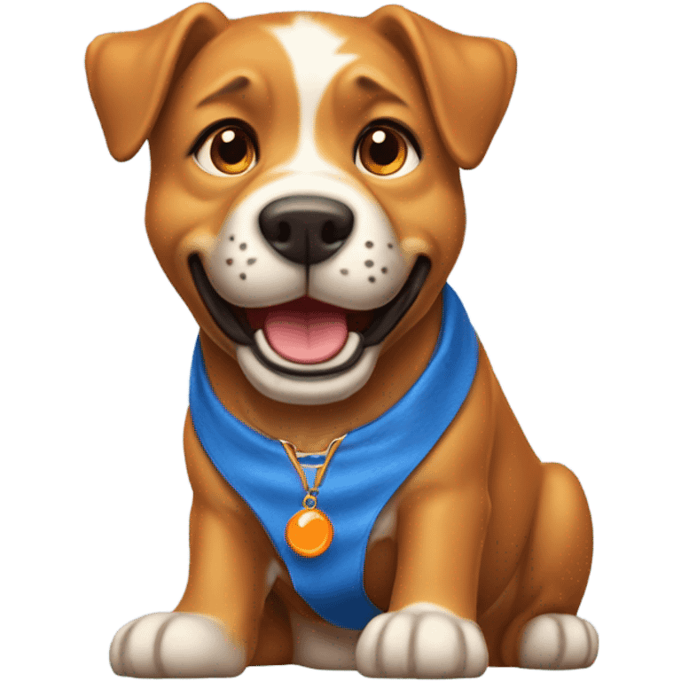 happy cute american stafford with simple blue collar with orange pendant from half side perspective with presents and gifts around him emoji