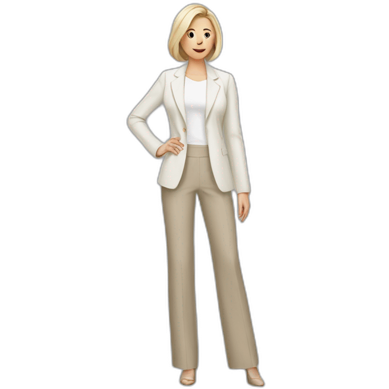 Full height Actively gesturing with hands pale skin woman with ash blonde Straightened bob Hair, White Spacious classical jacket, beige palazzo Arrow pants and gray blouse emoji