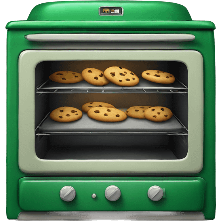 Realistic vintage emerald green oven with cookies baking inside of it. emoji