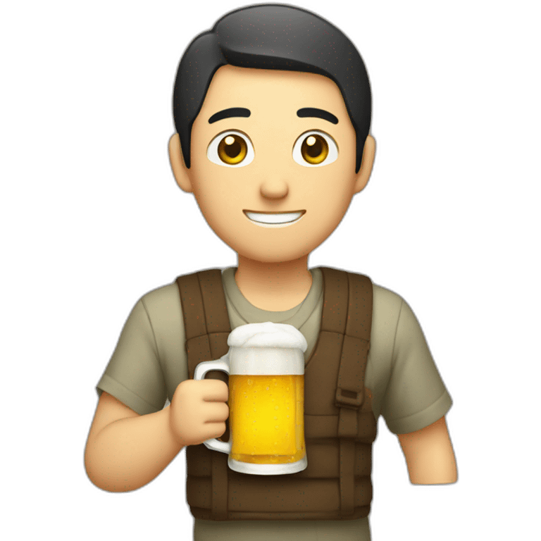 A Japanese man holding beer wearing emoji