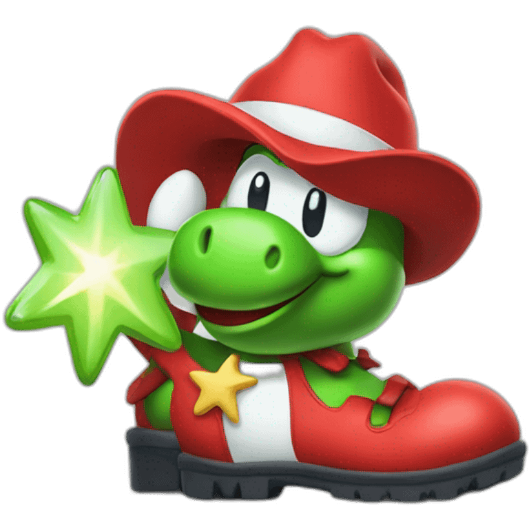 yoshi wearing red boots and holding a start sign emoji