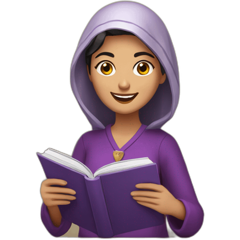 Armenian women with the purple clothes reading book and looking at camera and smiling  emoji