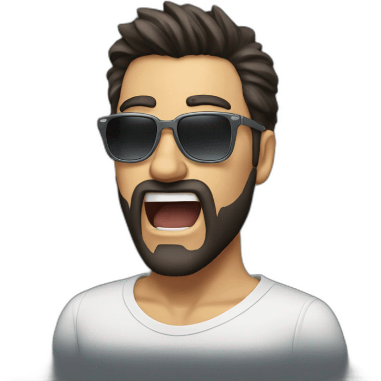 man with dark hair and white highlights, a beard and sunglasses, yelling emoji