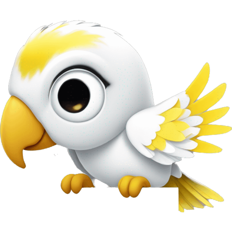 white and yellow parrot  holding a sign with the black inscription i love you emoji