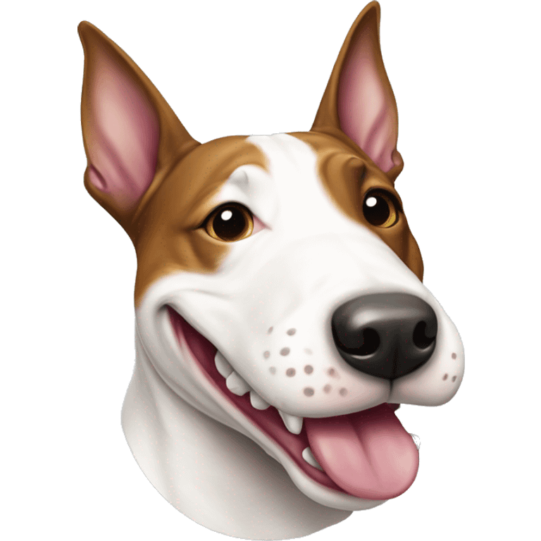 Tri-coloured English bull terrier smiling with ball in mouth emoji