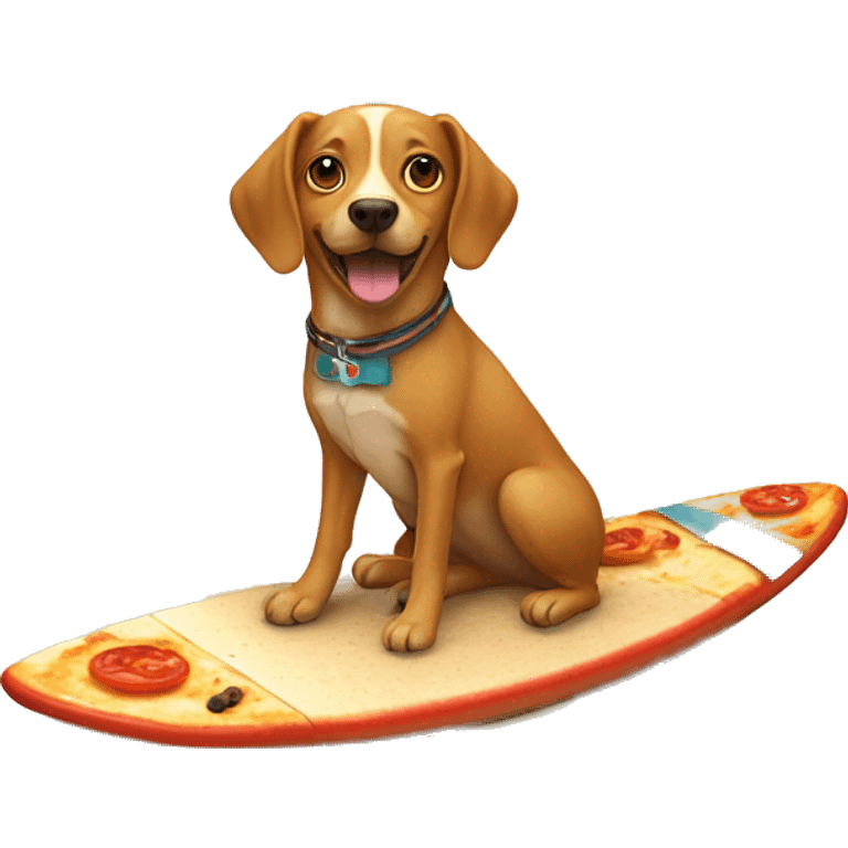 dog on a surfing board in the desert eating pizza emoji