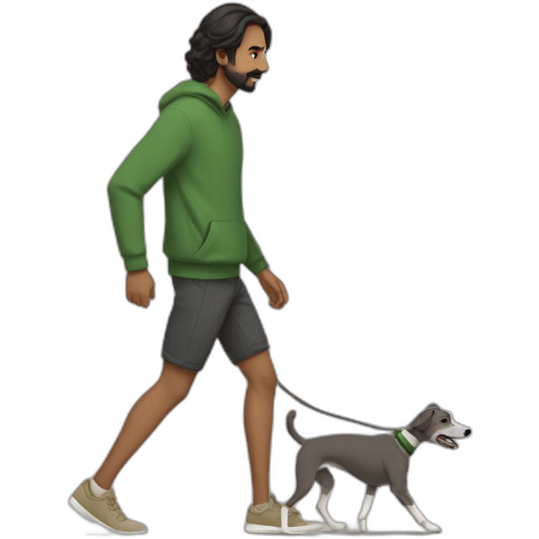 an indian man wearing a green sweatshirt, beige shoes, long hair, no beard, black shorts, walking, side profile, one hand raised slightly below waist level walking a whippet emoji