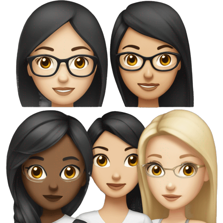 four girlfriends one with black straight hair with white skin arab, the second asian with black straight hair that shimmers into blond, the third asian with brown straight hair, the fourth russian with glasses with brown straight hair emoji