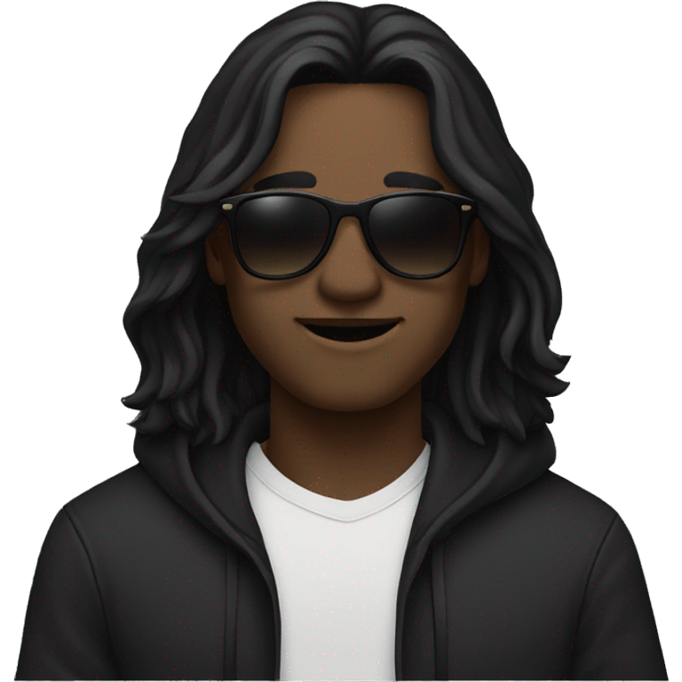 Man with dark skin, with sunglasses glasses, with long black hair, wearing a black hoodie, waving emoji