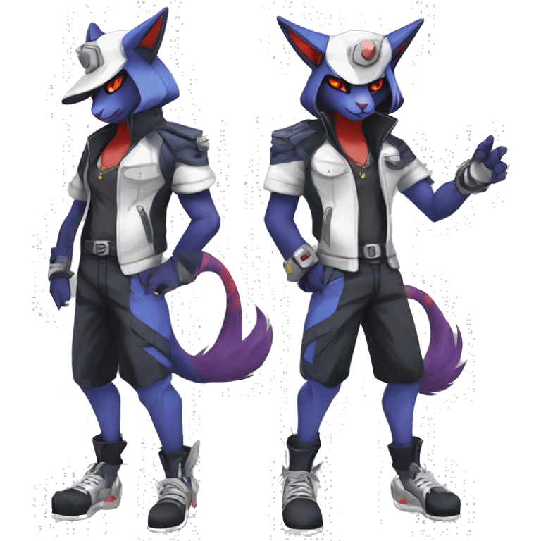 Cool Anthro Absol-Noibat-Quilava-Litten-Sphynx-Pokémon with edgy stripes collar punk techwear cool fiddler-hat Full Body emoji