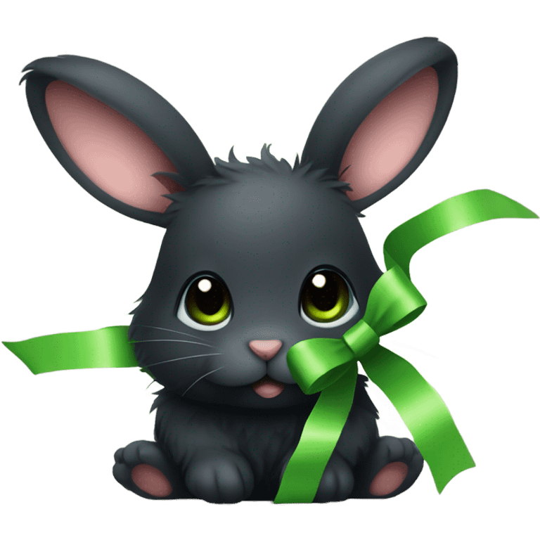 Simple cute fluffy baby black rabbit face with green ribbon emoji