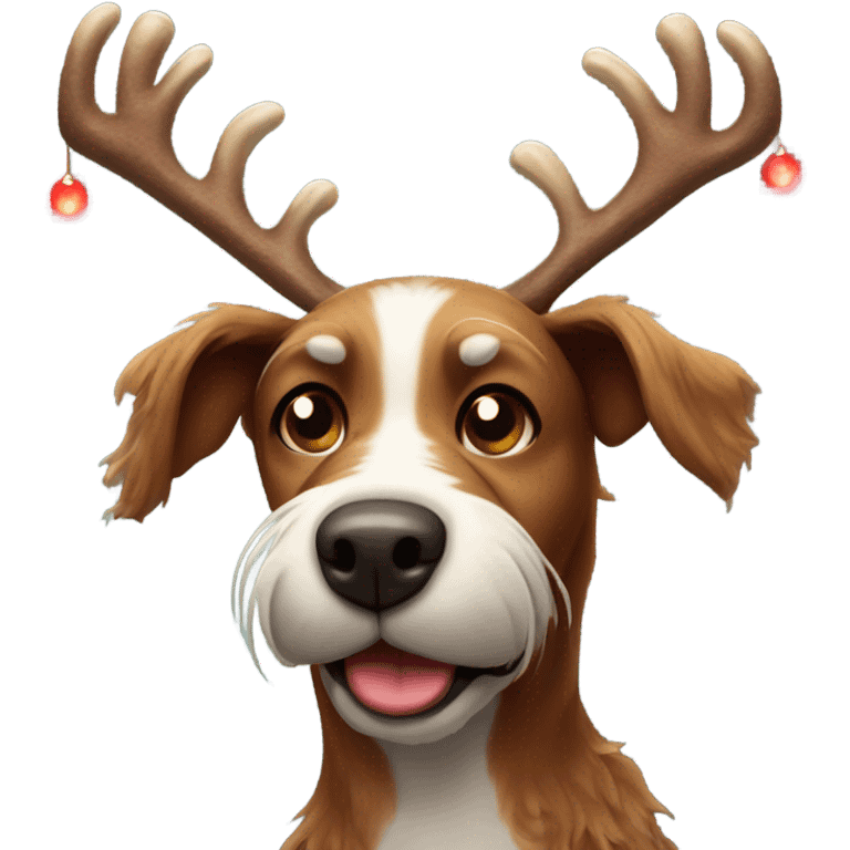 Brown scraggly dog with Christmas antler and red light up nose like Rudolph   emoji