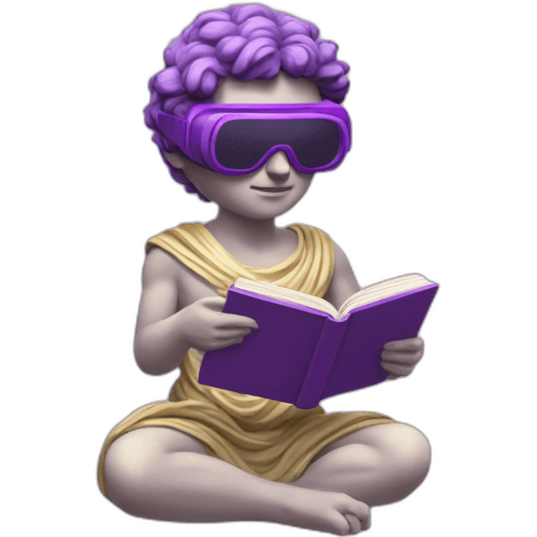 an EMOJI OF A ancient young greek statue reading a book, wearing VR glasses, purple colors, DIGITAL UNIVERSE emoji