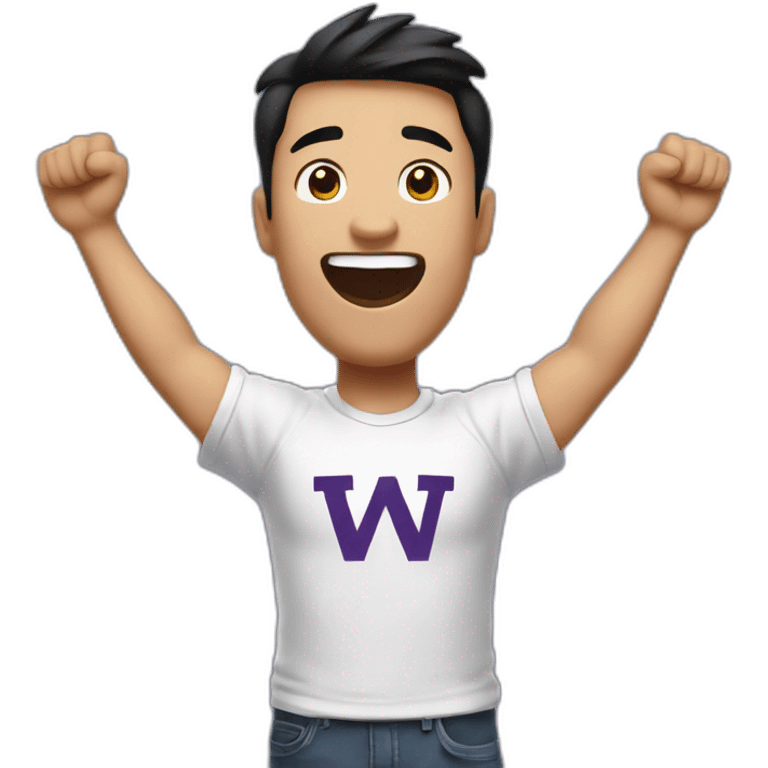 torso of excited man (more Asian)  with arms raised wearing UW Husky t-shirt above head emoji