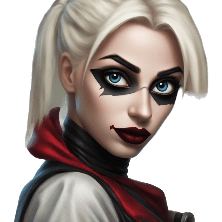 Arabic ninja in Harley Quinn style, oil paint, mysterious eyes, intricate lips, masterpiece portrait, odd perspective, beautiful, desirable, logical emoji