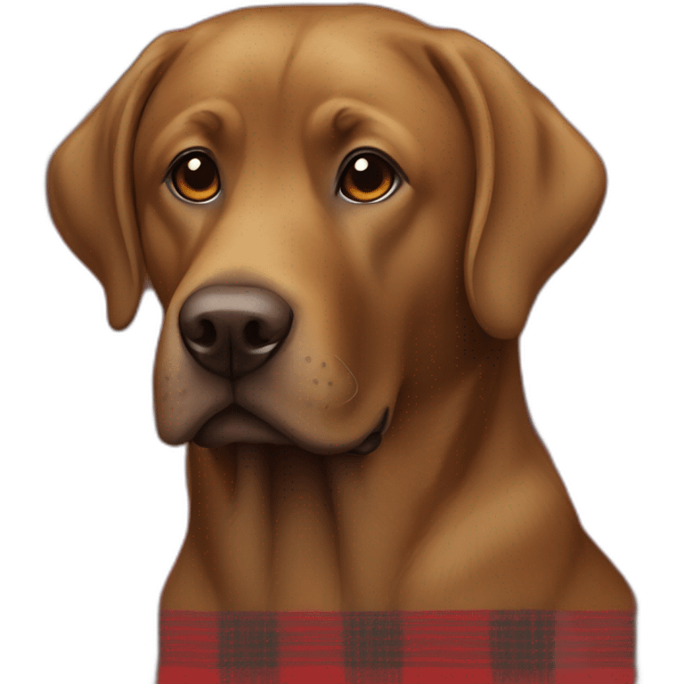 Brown lab Dog in a red tartan shirt with black eyes emoji