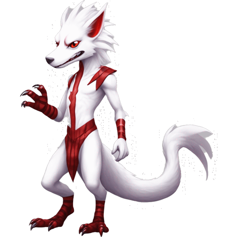 White edgy cute badass epic anthro modern albino sergal-vernid-Fakémon with red mane and red eyes with red edgy stripes, red claws, two-legged, full body emoji