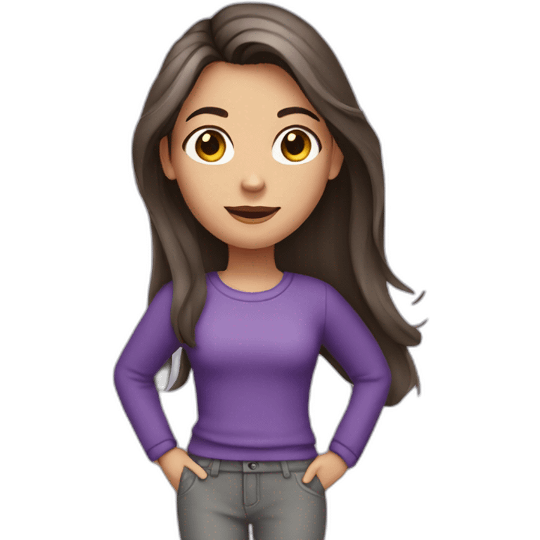 a brunette girl with long hair in a purple jumper and gray pants emoji