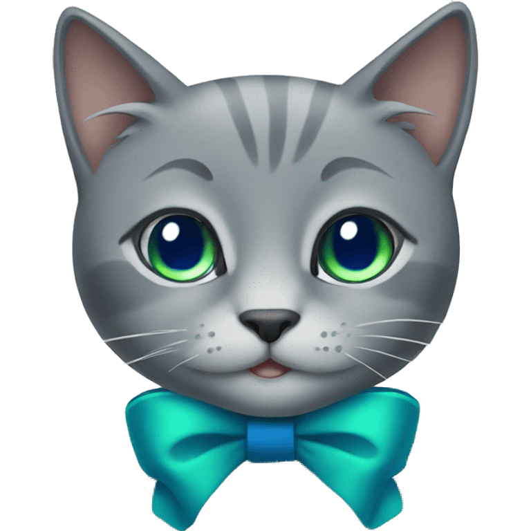 Gray cat with a blue bow and green eyes emoji