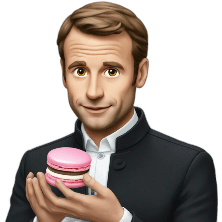 Macron holding a macaron with his face emoji